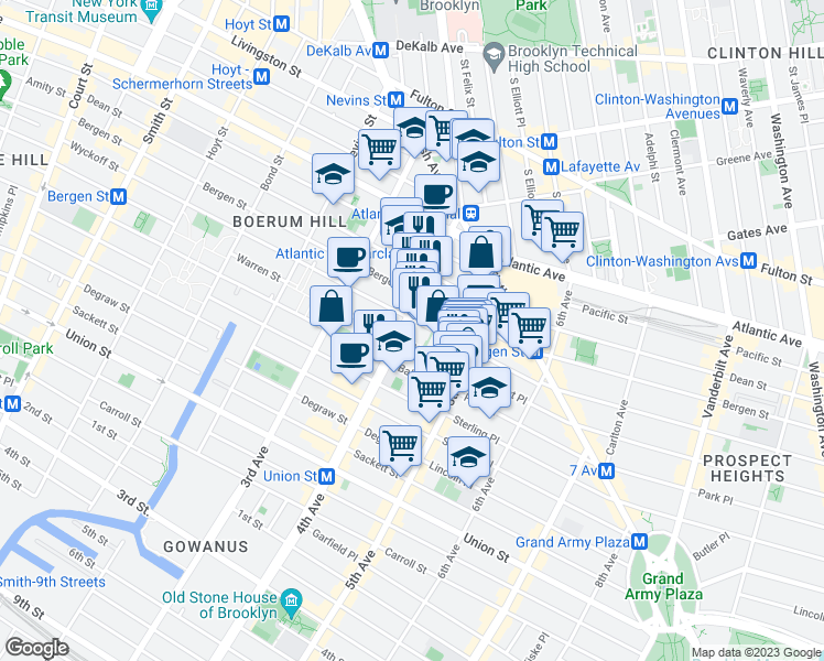 map of restaurants, bars, coffee shops, grocery stores, and more near 85 4th Avenue in Brooklyn