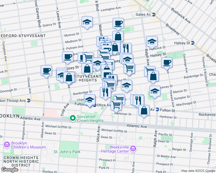 map of restaurants, bars, coffee shops, grocery stores, and more near 332 Malcolm X Boulevard in Brooklyn