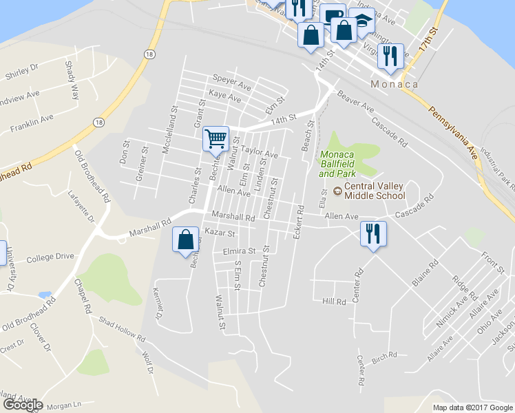 map of restaurants, bars, coffee shops, grocery stores, and more near 1159 Linden Street in Monaca