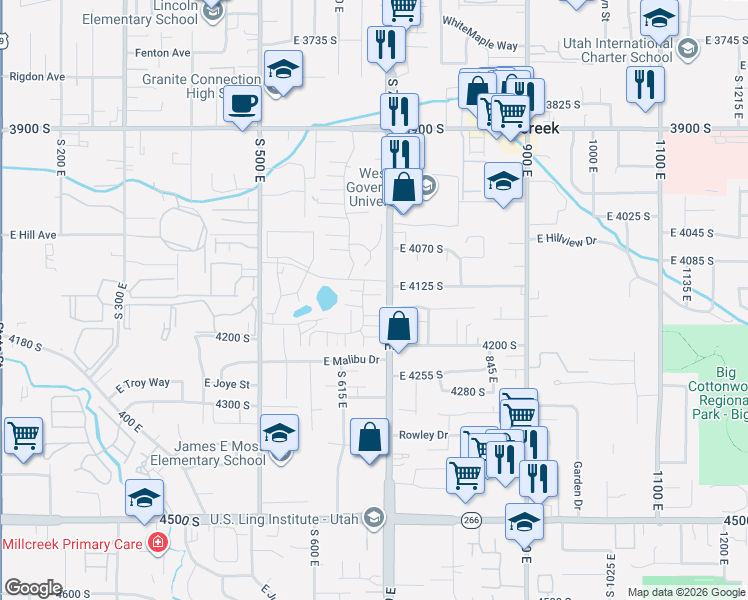 map of restaurants, bars, coffee shops, grocery stores, and more near 693 East 4129 South in Murray