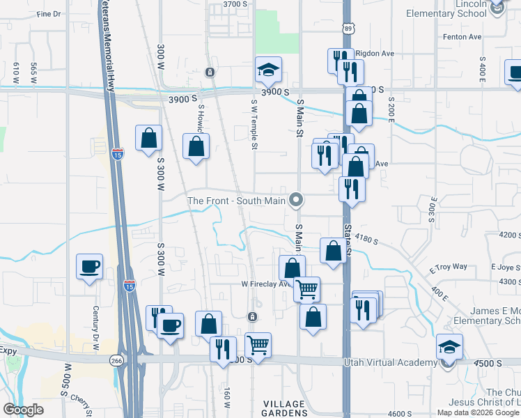 map of restaurants, bars, coffee shops, grocery stores, and more near 81 West Central Avenue in Murray