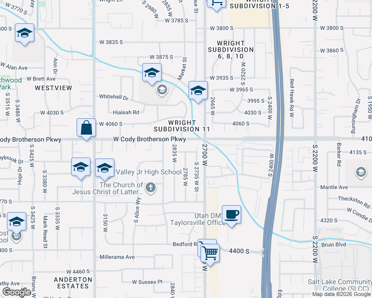map of restaurants, bars, coffee shops, grocery stores, and more near 2800 West 4135 South in West Valley City