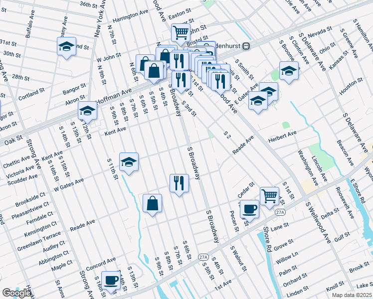 map of restaurants, bars, coffee shops, grocery stores, and more near 314 South Broadway in Lindenhurst