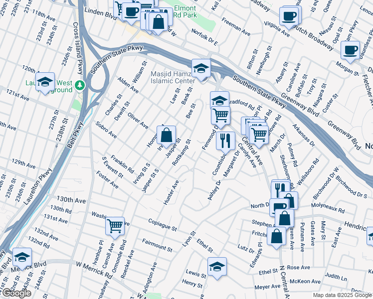map of restaurants, bars, coffee shops, grocery stores, and more near 1009 Rottkamp Street in Valley Stream