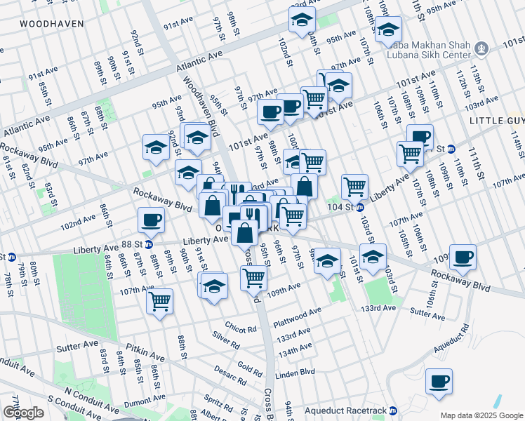 map of restaurants, bars, coffee shops, grocery stores, and more near 103-37 96th Street in Queens