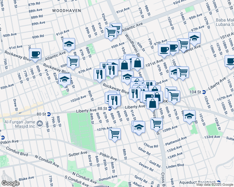 map of restaurants, bars, coffee shops, grocery stores, and more near 89-20 102nd Road in Queens