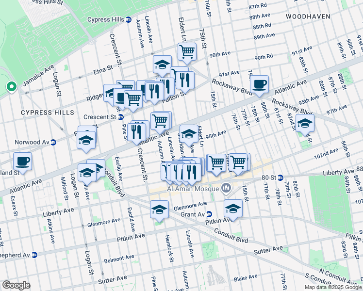map of restaurants, bars, coffee shops, grocery stores, and more near 49 Sheridan Avenue in Brooklyn