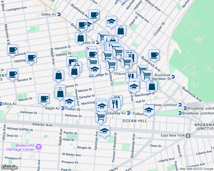 map of restaurants, bars, coffee shops, grocery stores, and more near 341 Marion Street in Brooklyn