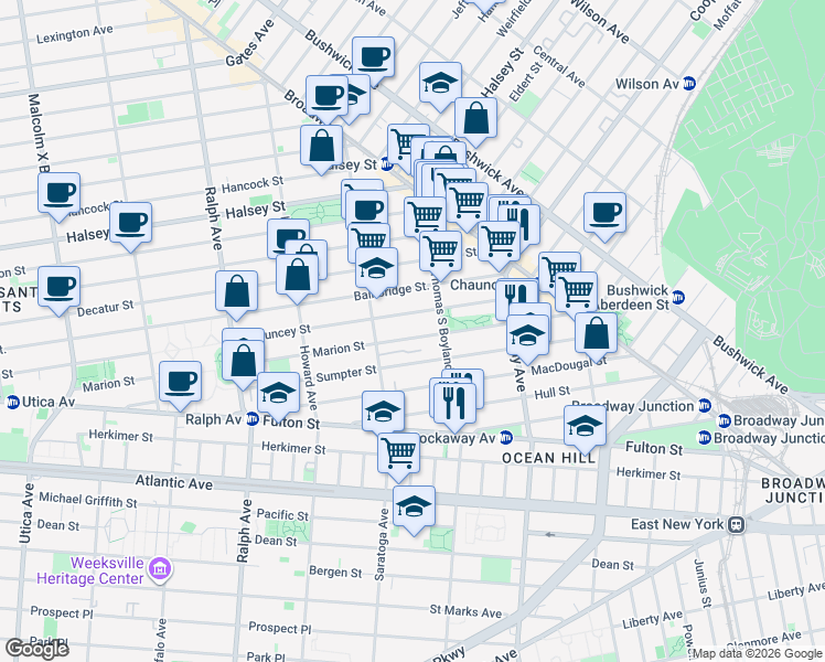 map of restaurants, bars, coffee shops, grocery stores, and more near 341 Marion Street in Brooklyn