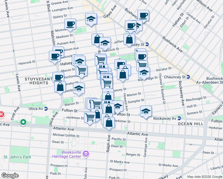 map of restaurants, bars, coffee shops, grocery stores, and more near 323 Chauncey Street in Brooklyn