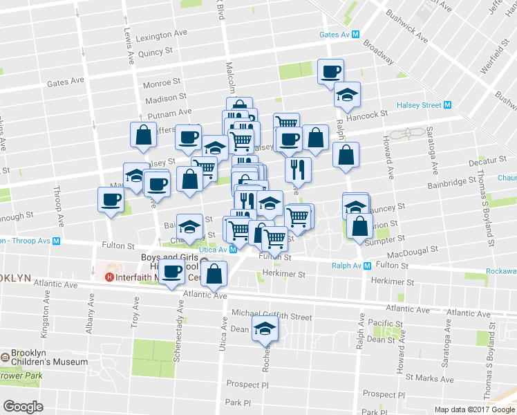 map of restaurants, bars, coffee shops, grocery stores, and more near 332 Malcolm X Boulevard in Brooklyn