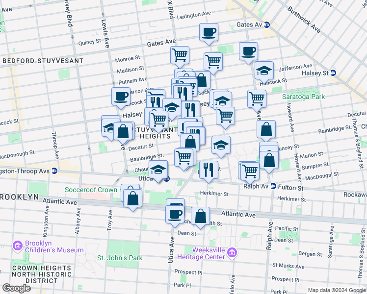 map of restaurants, bars, coffee shops, grocery stores, and more near 332 Malcolm X Boulevard in Brooklyn