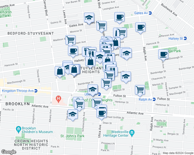 map of restaurants, bars, coffee shops, grocery stores, and more near 324A Decatur Street in Brooklyn