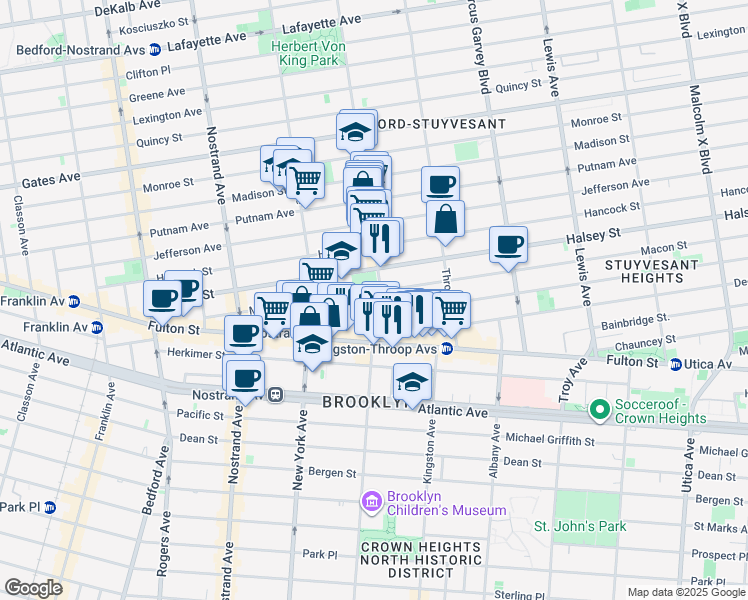 map of restaurants, bars, coffee shops, grocery stores, and more near 176 Macon Street in Brooklyn