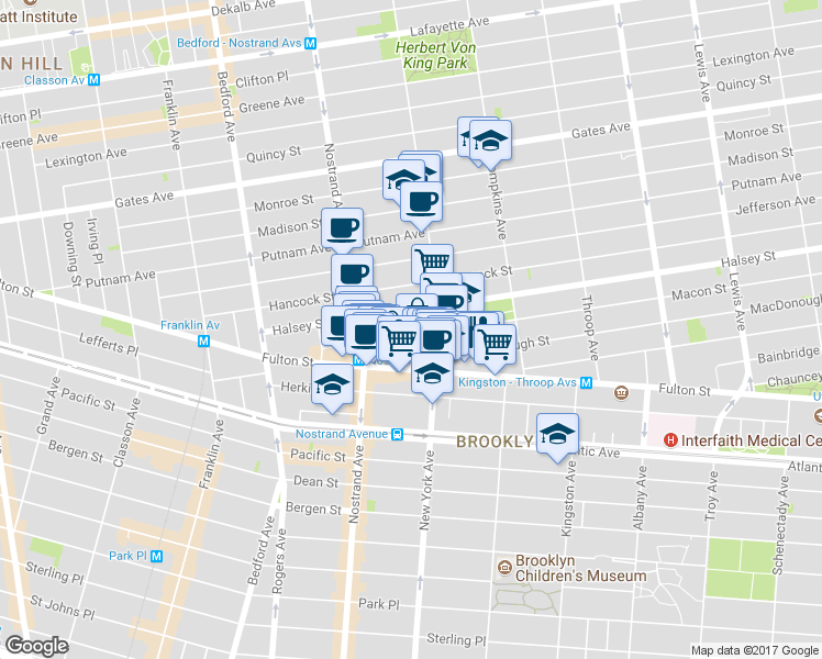map of restaurants, bars, coffee shops, grocery stores, and more near 107 Macon Street in Brooklyn