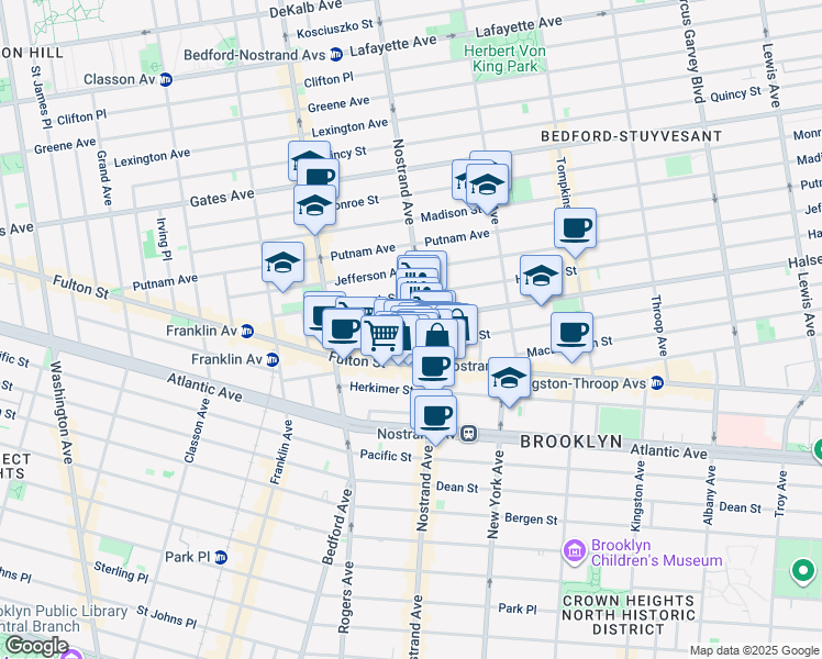 map of restaurants, bars, coffee shops, grocery stores, and more near 492 Nostrand Avenue in Brooklyn