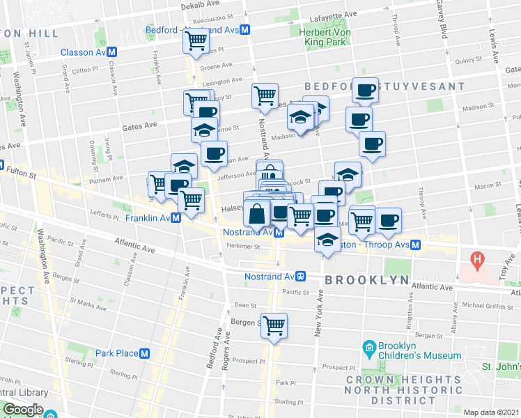 map of restaurants, bars, coffee shops, grocery stores, and more near 492 Nostrand Avenue in Brooklyn