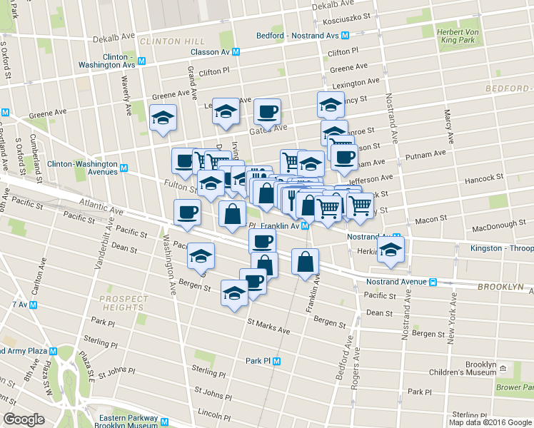 map of restaurants, bars, coffee shops, grocery stores, and more near 1066 Fulton Street in Brooklyn