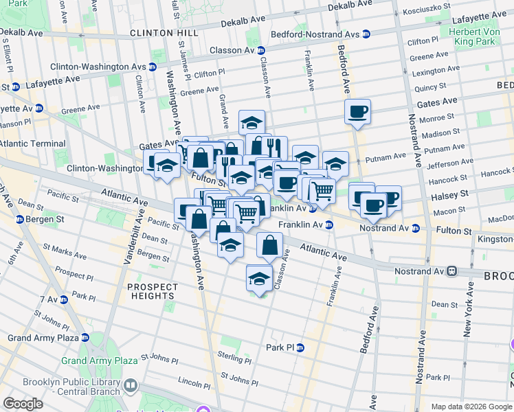 map of restaurants, bars, coffee shops, grocery stores, and more near 73 Lefferts Place in Brooklyn