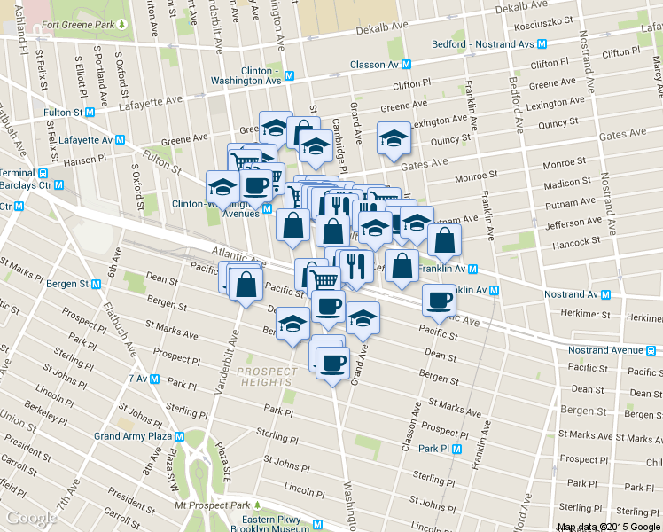 map of restaurants, bars, coffee shops, grocery stores, and more near 298 Saint James Place in Brooklyn