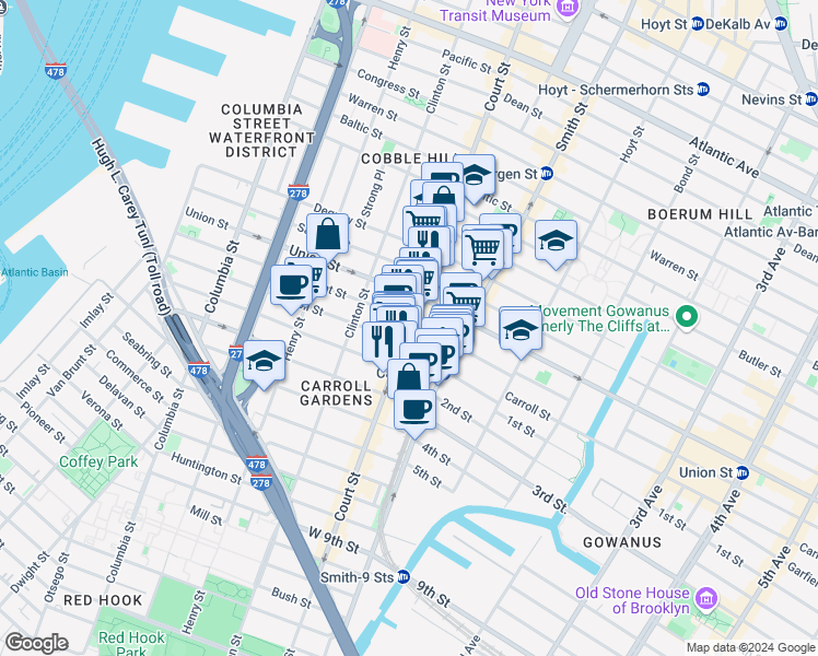 map of restaurants, bars, coffee shops, grocery stores, and more near 374 Court Street in Brooklyn