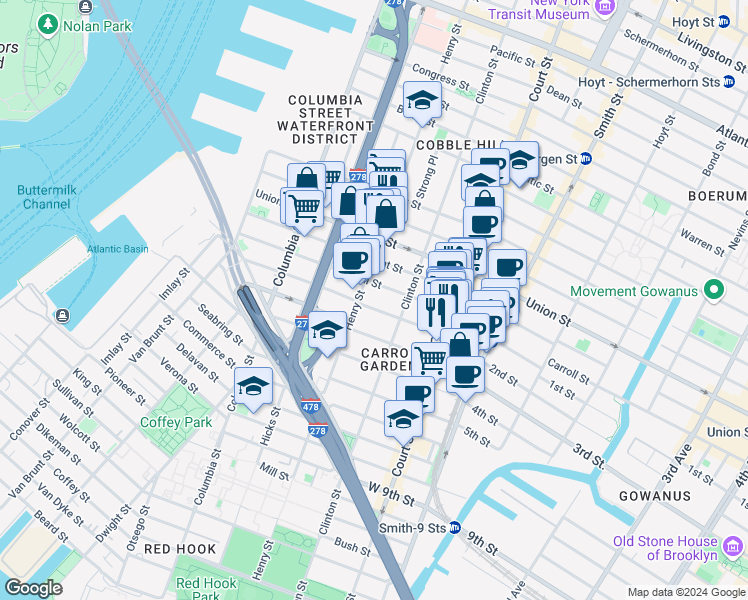 map of restaurants, bars, coffee shops, grocery stores, and more near 166 Carroll Street in Brooklyn