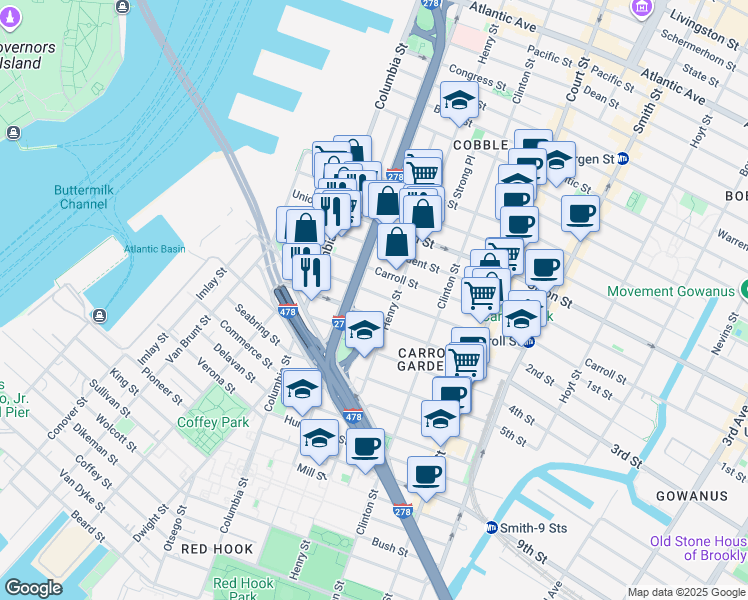 map of restaurants, bars, coffee shops, grocery stores, and more near 166 Summit Street in Brooklyn