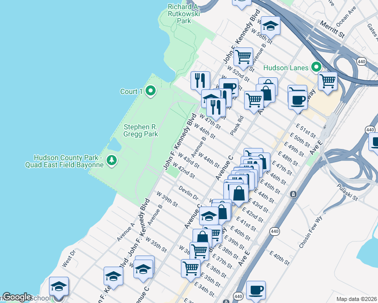 map of restaurants, bars, coffee shops, grocery stores, and more near 135 Avenue B in Bayonne