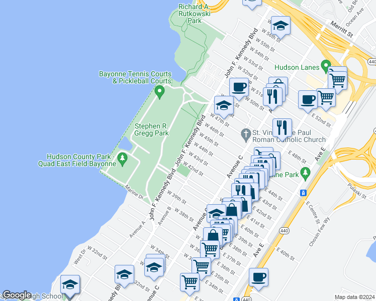 map of restaurants, bars, coffee shops, grocery stores, and more near 1030 John F. Kennedy Boulevard in Bayonne