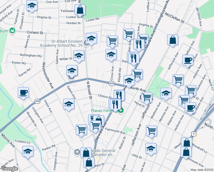 map of restaurants, bars, coffee shops, grocery stores, and more near 1338 North Avenue in Elizabeth