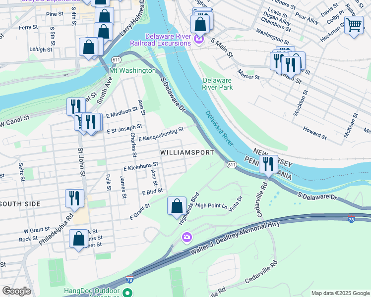 map of restaurants, bars, coffee shops, grocery stores, and more near 423 East Wilkes Barre Street in Easton