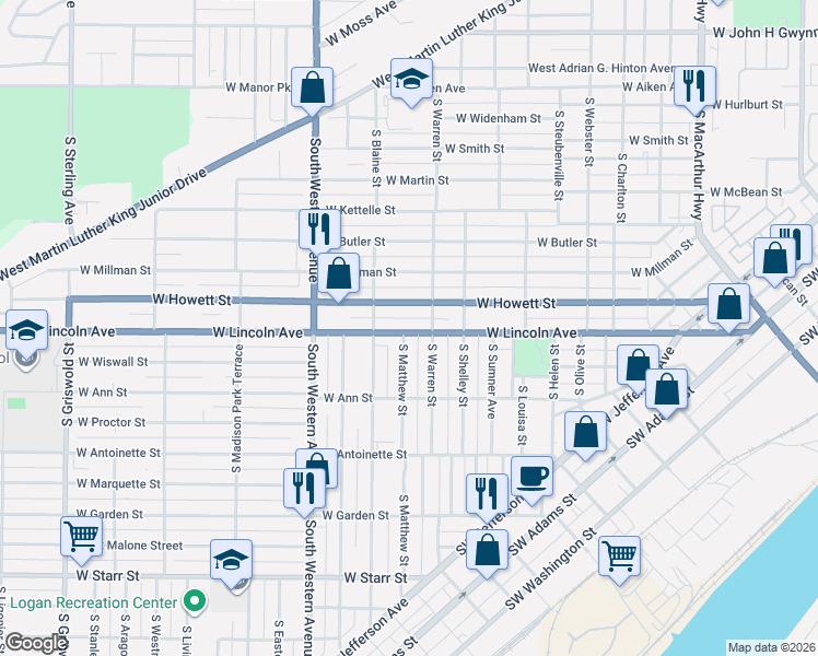 map of restaurants, bars, coffee shops, grocery stores, and more near 1607 West Lincoln Avenue in Peoria