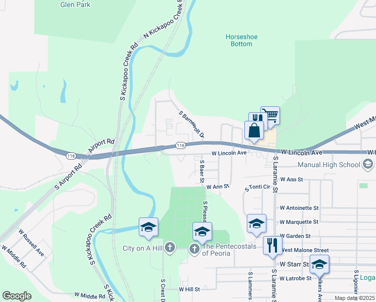 map of restaurants, bars, coffee shops, grocery stores, and more near 3507 W Lincoln Ave in Peoria