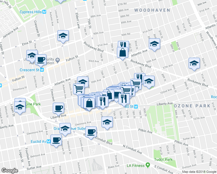 map of restaurants, bars, coffee shops, grocery stores, and more near 75-01 97th Avenue in Queens