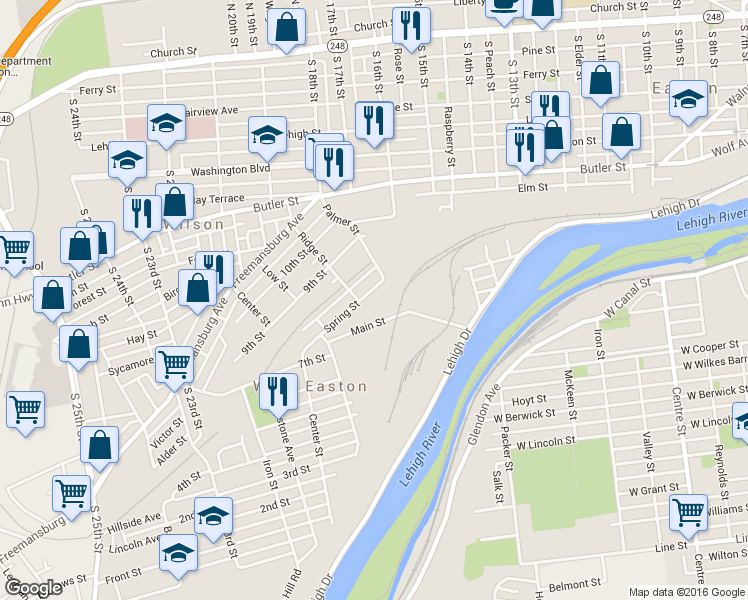map of restaurants, bars, coffee shops, grocery stores, and more near 118 Spring St in Easton