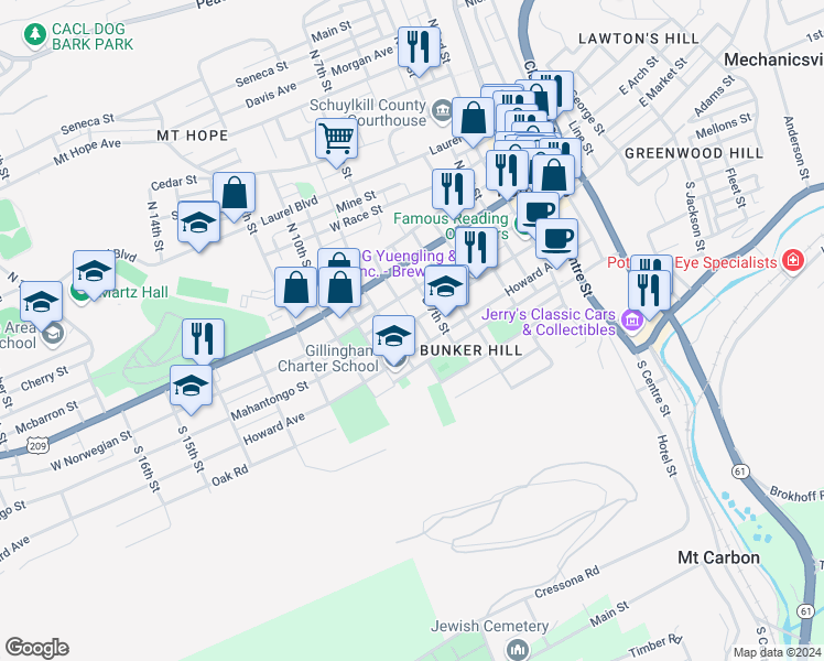 map of restaurants, bars, coffee shops, grocery stores, and more near 803 Mahantongo Street in Pottsville