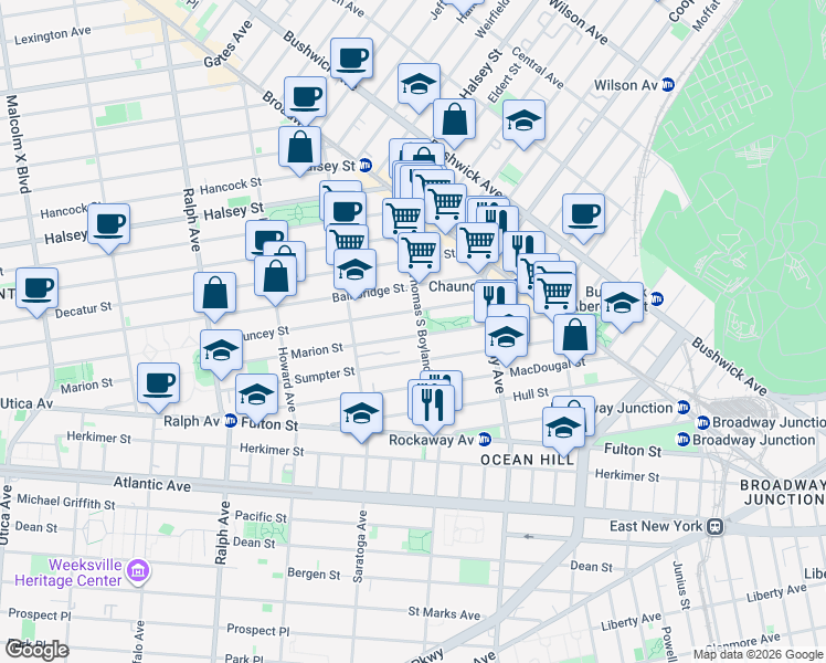 map of restaurants, bars, coffee shops, grocery stores, and more near 379 Marion Street in Brooklyn