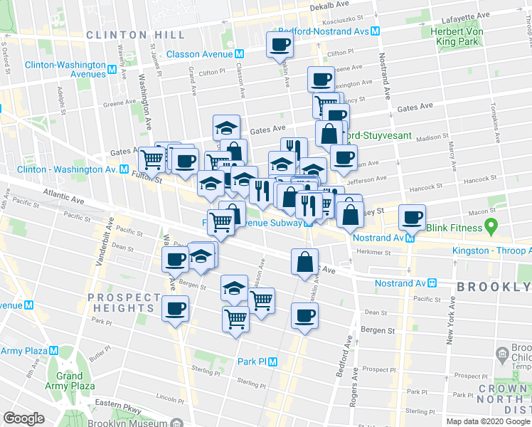 map of restaurants, bars, coffee shops, grocery stores, and more near 1066 Fulton Street in Brooklyn