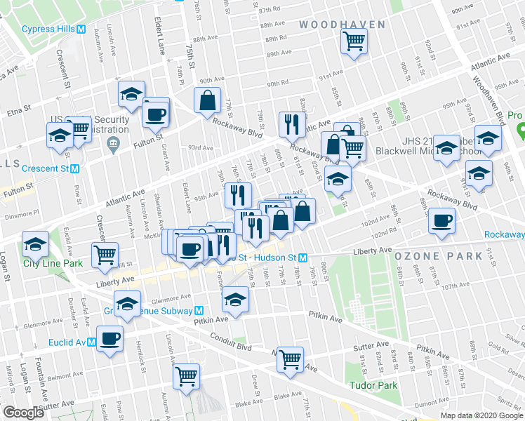 map of restaurants, bars, coffee shops, grocery stores, and more near 76-18 97th Avenue in Queens