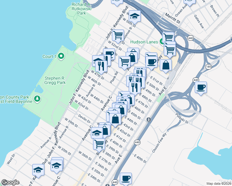 map of restaurants, bars, coffee shops, grocery stores, and more near 45 West 46th Street in Bayonne