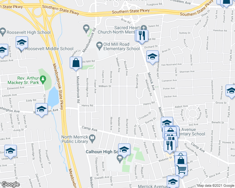 map of restaurants, bars, coffee shops, grocery stores, and more near 1512 Maeder Avenue in Merrick
