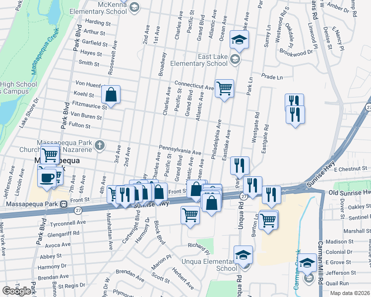 map of restaurants, bars, coffee shops, grocery stores, and more near 77 Grand Boulevard in Massapequa Park