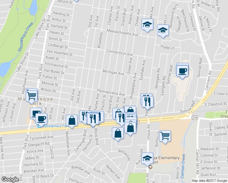 map of restaurants, bars, coffee shops, grocery stores, and more near 77 Grand Boulevard in Massapequa Park