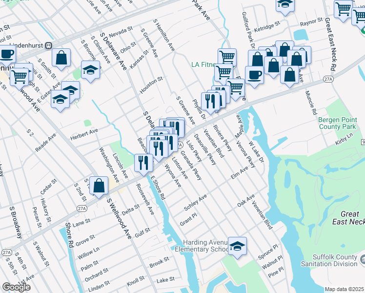 map of restaurants, bars, coffee shops, grocery stores, and more near 219A Montauk Highway in Lindenhurst