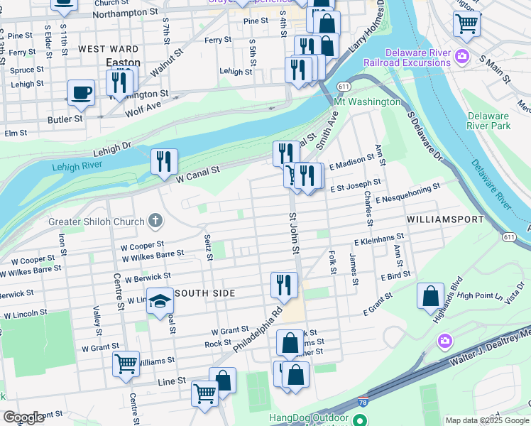 map of restaurants, bars, coffee shops, grocery stores, and more near 261 West Nesquehoning Street in Easton