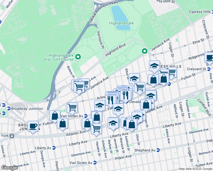 map of restaurants, bars, coffee shops, grocery stores, and more near 29 Jerome Street in Brooklyn