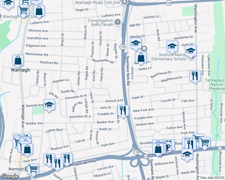 map of restaurants, bars, coffee shops, grocery stores, and more near 16 Temple Drive in Wantagh