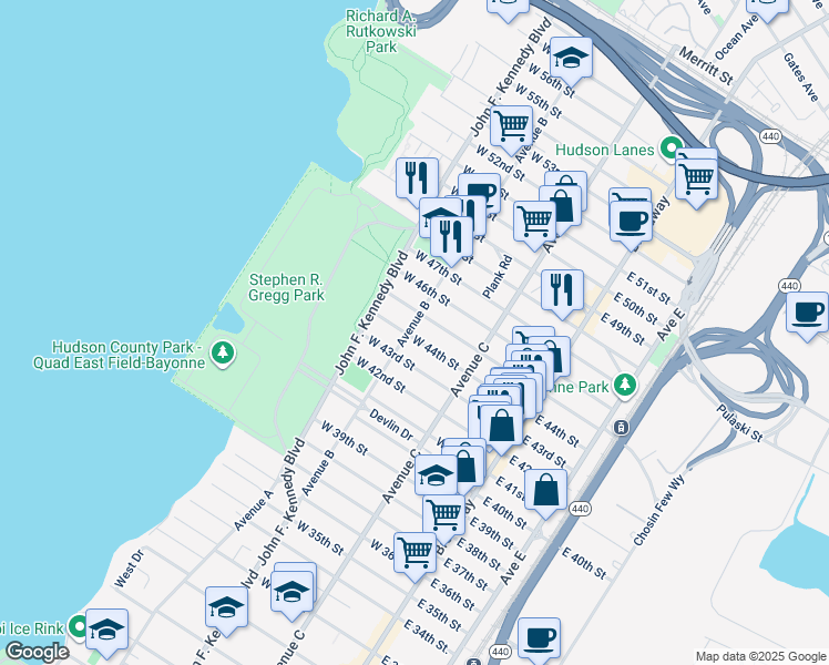 map of restaurants, bars, coffee shops, grocery stores, and more near 98 West 45th Street in Bayonne