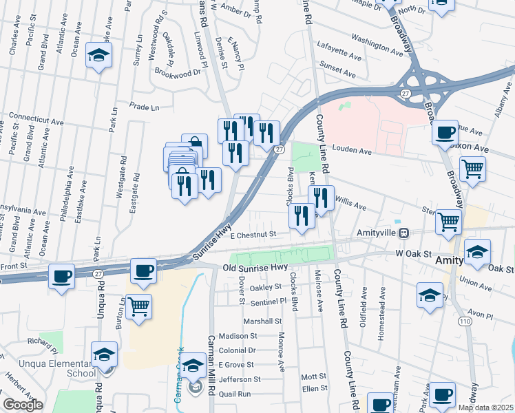 map of restaurants, bars, coffee shops, grocery stores, and more near 81 East Cedar Street in Massapequa