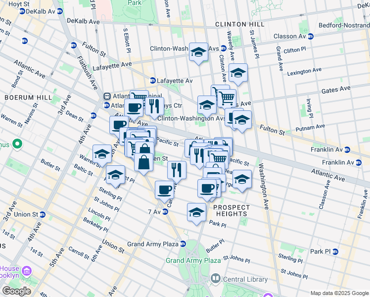 map of restaurants, bars, coffee shops, grocery stores, and more near 535 Carlton Avenue in Brooklyn
